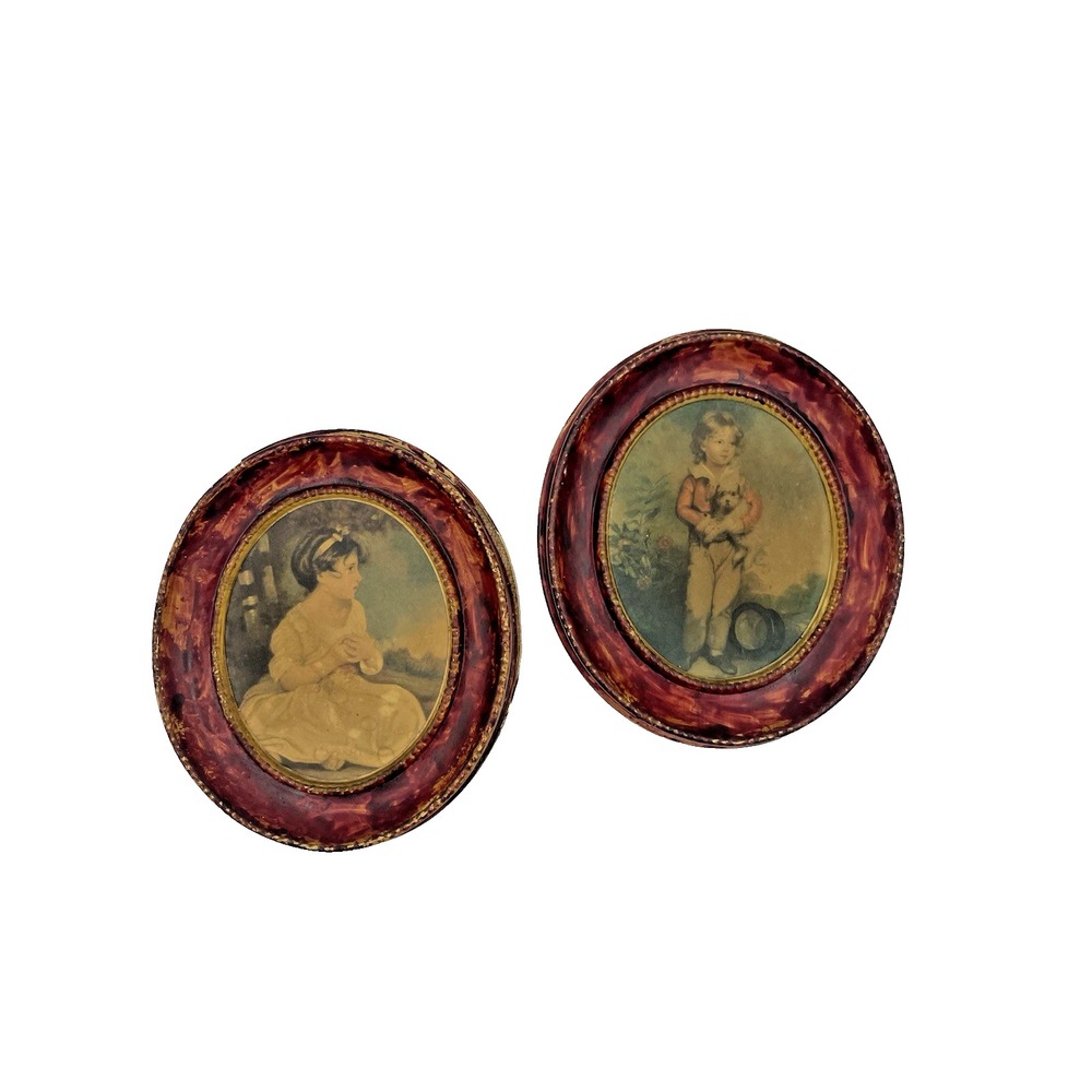 Pair Vintage Framed Prints Boy w/ Dog Innocence Girl Oval Old World Style Decor